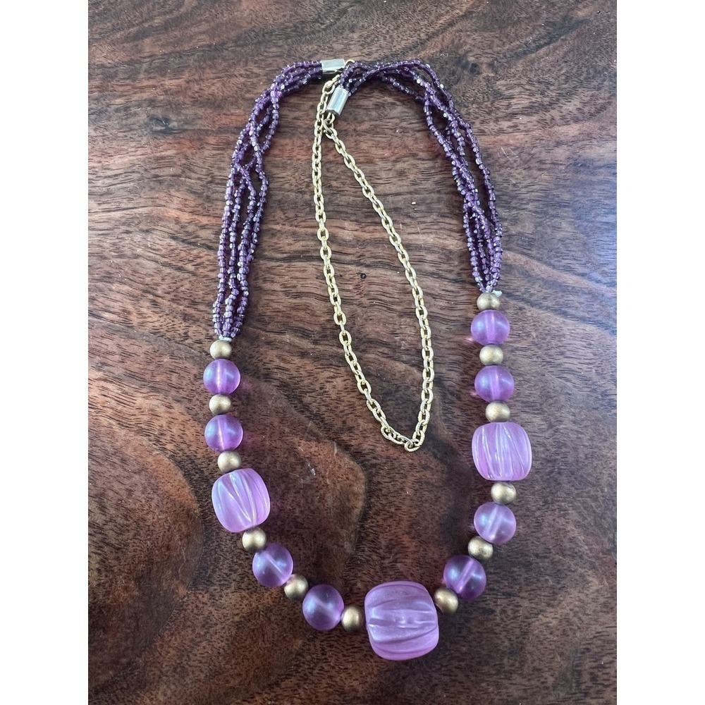 Vintage Purple Lucite Bead Necklace 25" Multi‎ Strand Gold Tone Chain Lavender